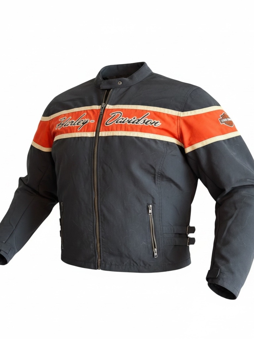 Harley-Davidson Black Jacket with Orange Stripe and Cream Accents